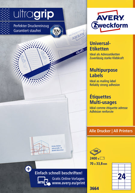 Étiquette Avery Zweckform 3664 70x33.8mm blanc 2400 pièces