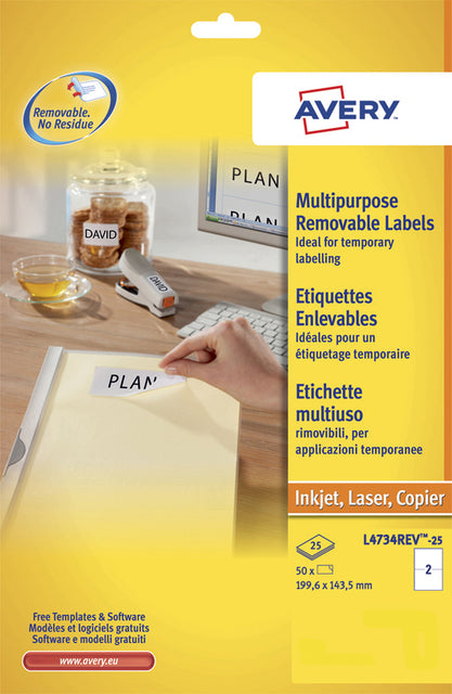 Étiquette Avery L4734REV 199.3x143.5mm amovible blanc 50 pièces