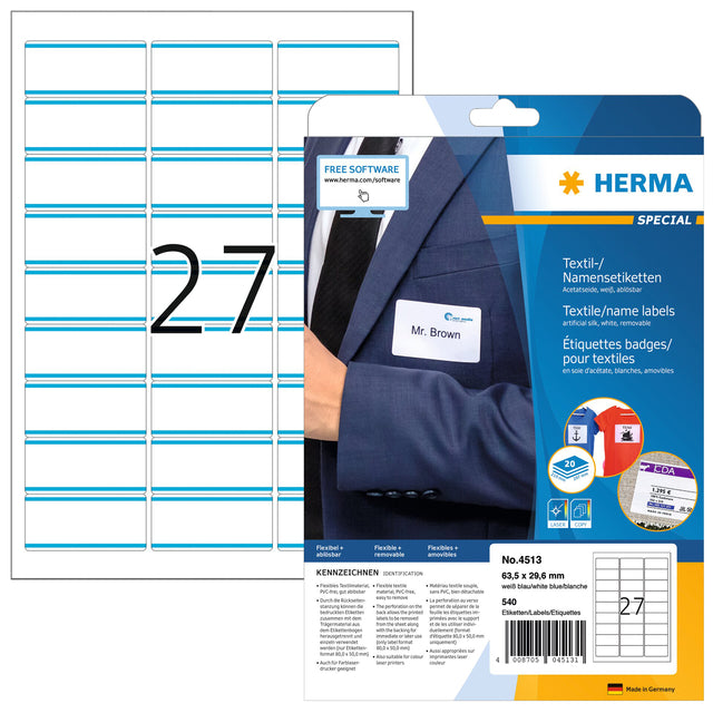HERMA - Naambadge etiket herma 4513 63.5x29.6mm wit/blauw