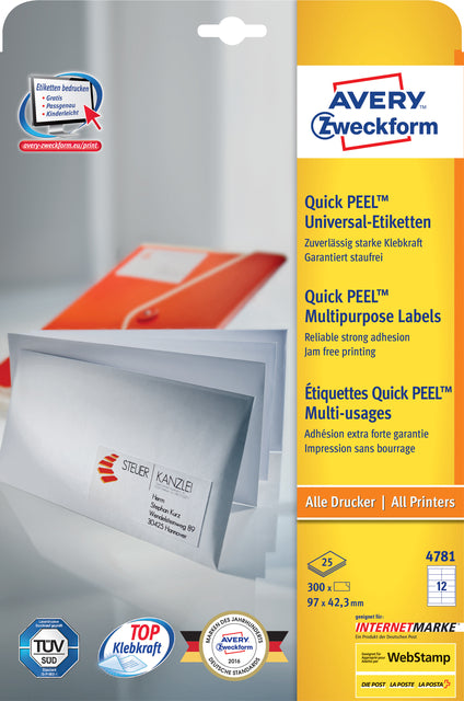Étiquette Avery Zweckform 4781 97x42,3mm blanc 300 pièces
