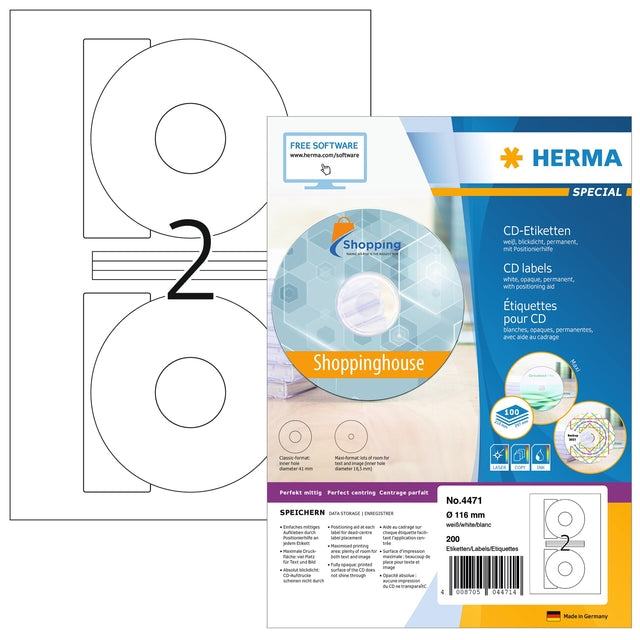 HERMA - Etiket herma 4471 cd 116mm wit opaqua 200 stuks