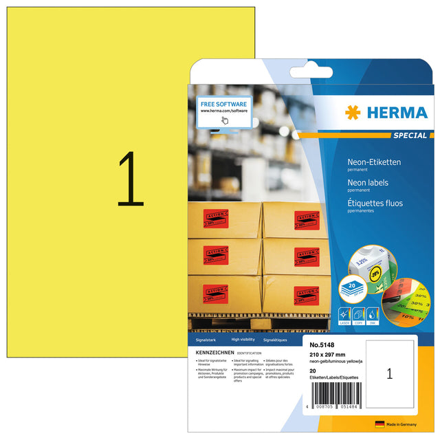 Étiquette HERMA 5148 210x297mm A4 jaune fluo 20 pièces