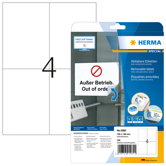 Étiquette HERMA 5082 105x148mm A6 amovible blanc 100 pièces