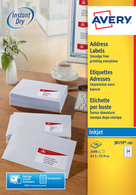 Étiquette Avery J8159-100 63,5x33,9mm blanc 2400 pièces