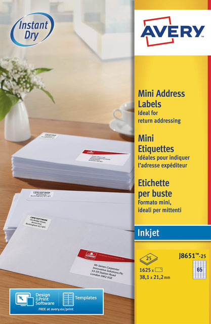 Étiquette Avery J8651-25 38,1x21,2mm blanc 1625 pièces