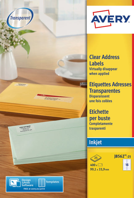 Étiquette Avery J8562-25 99.1x33.9mm transparent 400 pièces