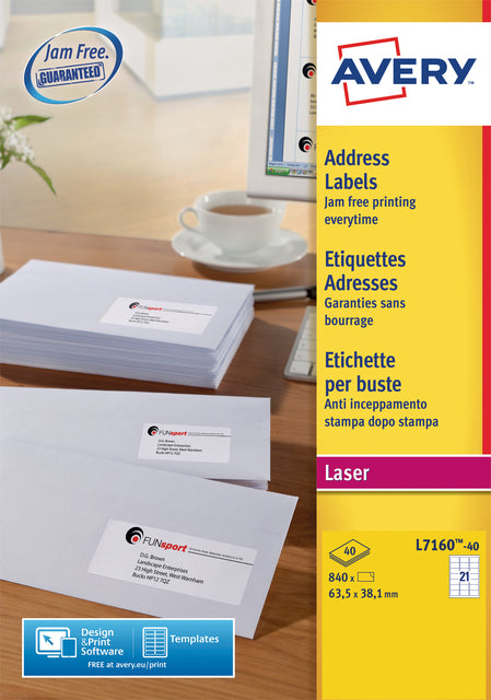 Étiquette Avery L7160-40 63,5x38,1mm blanc 840 pièces