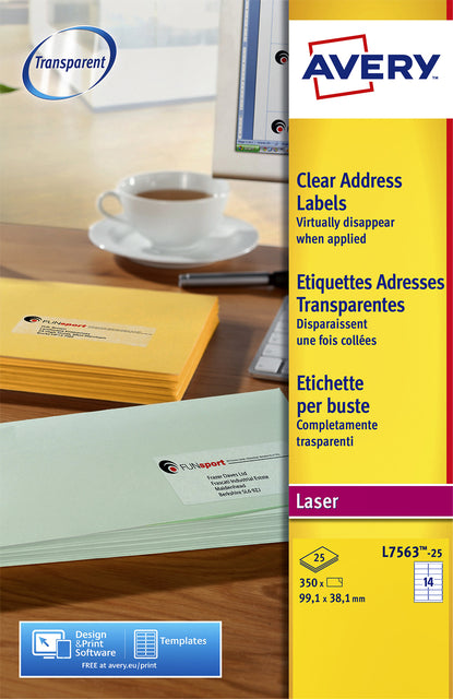 Étiquette Avery L7563-25 99,1x38,1mm transparent mat 350 pièces