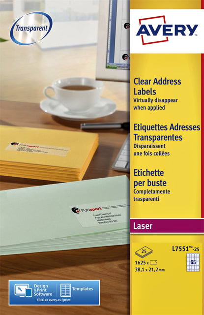 Étiquette Avery L7551-25 38,1x21,1mm transparent 1625 pièces