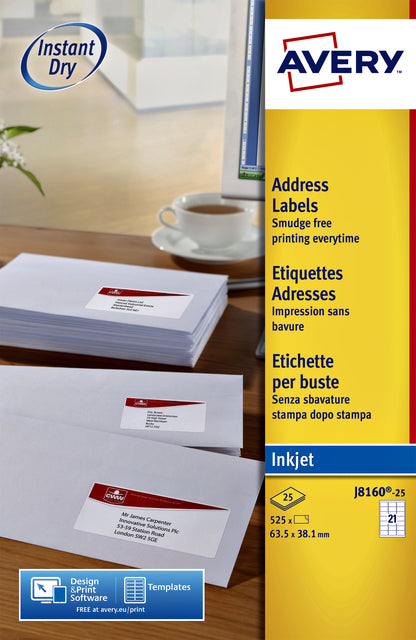 Étiquette Avery J8160-10 63,5x38,1mm blanc 210 pièces