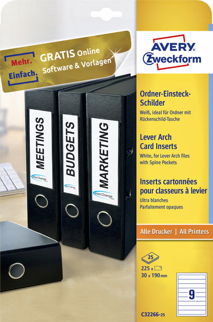 Carte d'insertion de dos Avery Zweckform étroit 30x190mm blanc