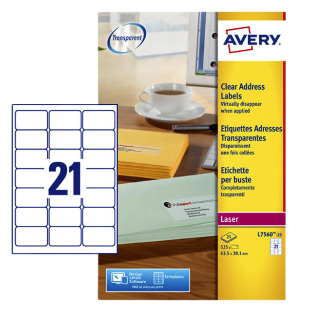 Étiquette Avery L7560-25 63,5x38,1mm transparent 525 pièces