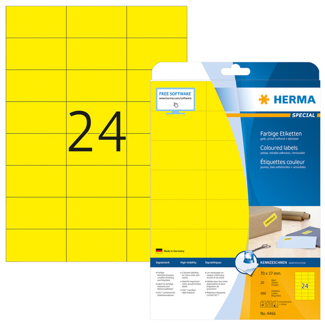 HERMA - Etiket herma 4466 70x37mm verwijderbaar geel 480st
