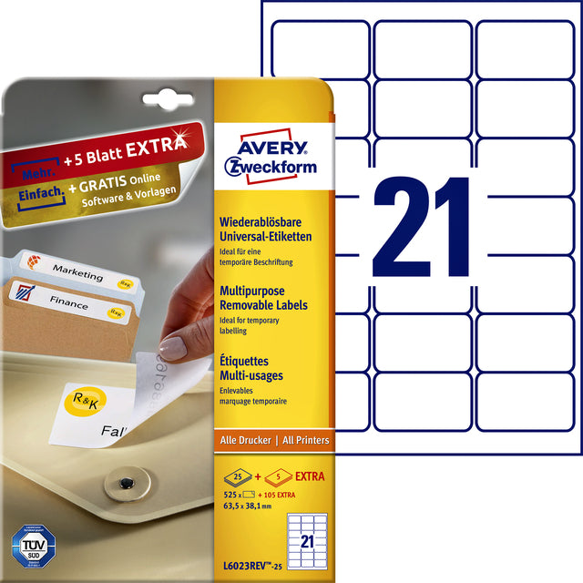 Étiquette Avery Zweckform L6023REV-25 63,5x38,1mm amovible blanc 525 pièces
