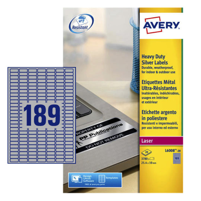 Étiquette Avery L6008-20 25.4x10mm argent 3780 pièces
