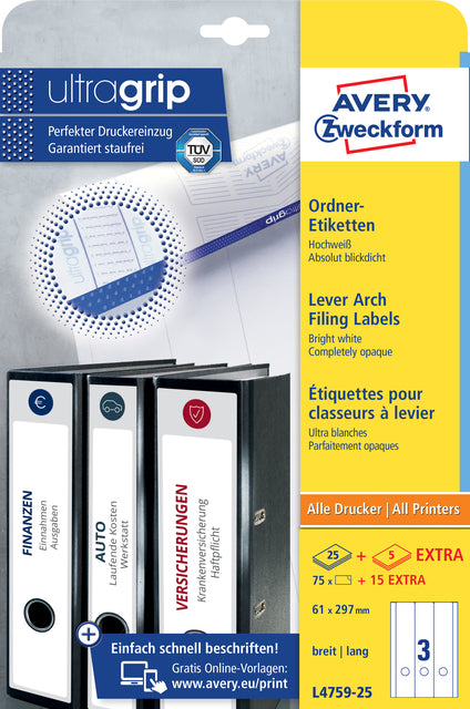 Etiquette arrière Avery large/longue 61x297mm autocollante blanche