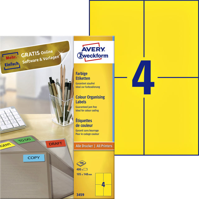 Étiquette Avery Zweckform 3459 105x148mm A6 jaune 400 pièces