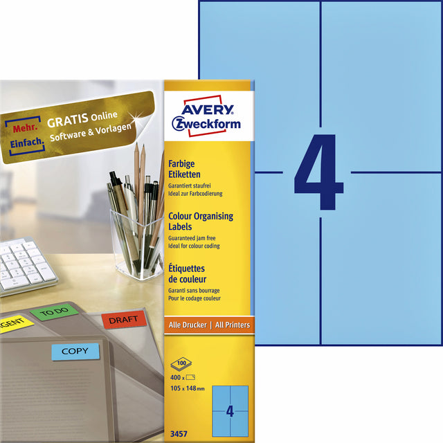 Étiquette Avery Zweckform 3457 105x148mm A6 bleu 400 pièces
