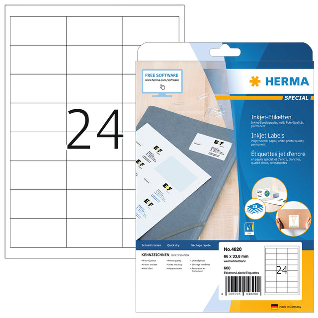 Etiquette HERMA 4820 66x33.8mm blanc 600 pièces