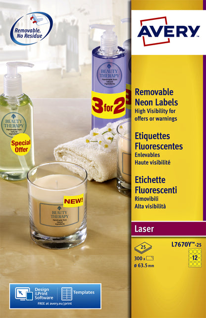 Étiquette Avery L7670-25 63,5 mm rond jaune fluo 300 pièces