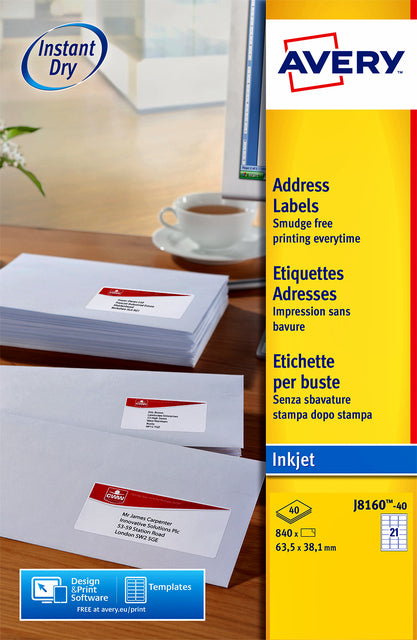 Étiquette Avery J8160-25 63,5x38,1mm blanc 525 pièces