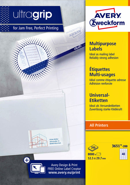 Étiquette Avery Zweckform 3651-200 52,5x29,7mm blanc 8000 pièces