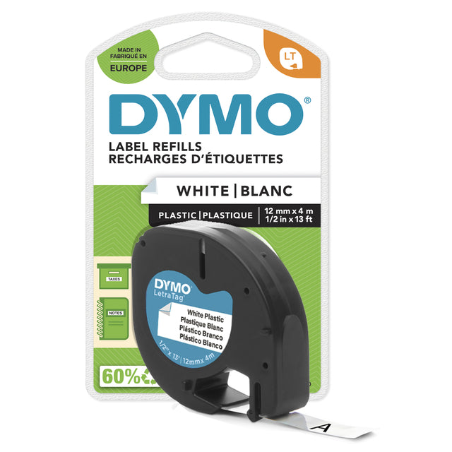 Dymo - Labele LetraTag plastic 12mm zwart op wit