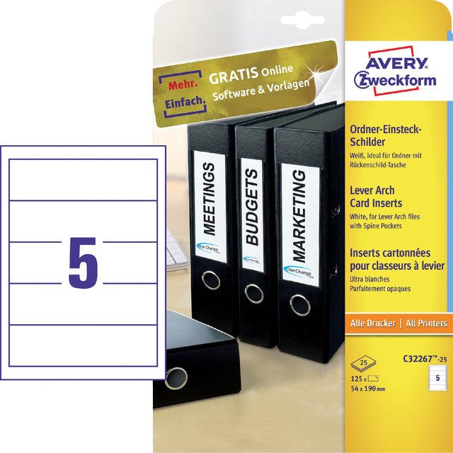 Carte d'insertion de dos Avery Zweckform large 54x190mm blanc