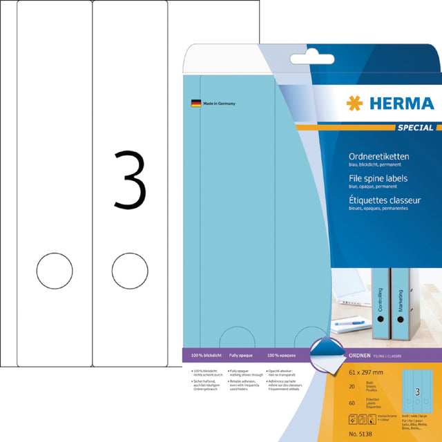 HERMA - Rugetiket herma 5138 breed/lang 61x297mm zkl blauw | 32 stuks