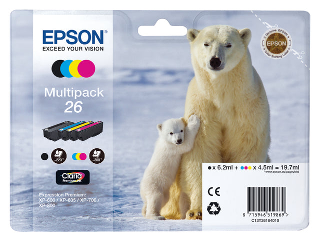 Cartouche d'encre Epson 26 T2616 noir + 3 couleurs