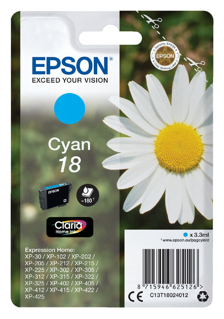 Cartouche d'encre Epson 18 T1802 bleue