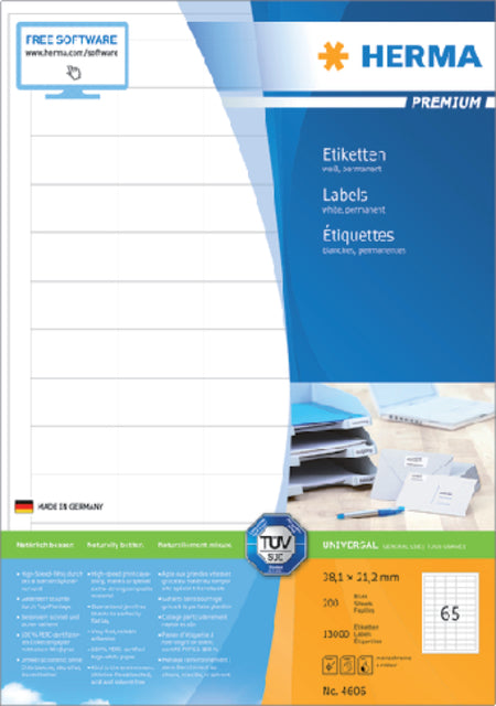 HERMA - Etiket herma 4606 38.1x21.2mm prem wit 13000 stuks